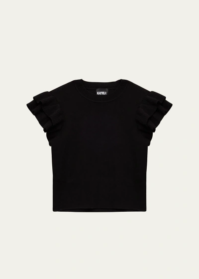 Katiej Nyc Kids' Girl's Tween Flutter-sleeve Knit Top In Black