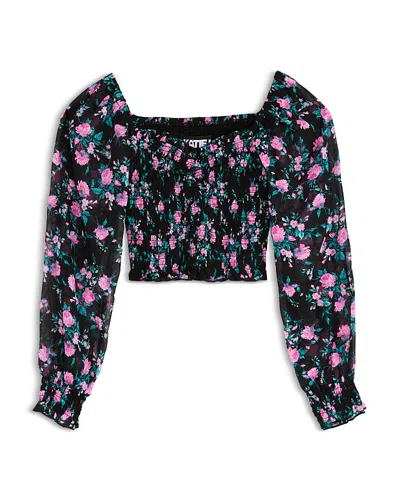 Katiejnyc Girls' Chloe Sheer Sleeve Top - Big Kid In Black/floral Pink