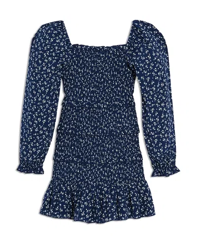 Katiejnyc Girls' Laila Long Sleeved Smocked Dress - Big Kid In Evening Blue Ditsy Floral