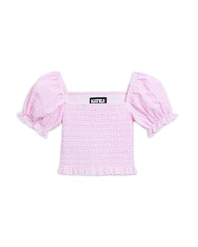 Katiejnyc Girls' Marlee Smocked Floral Puff Sleeve Top - Big Kid In Baby Pink Seersucker