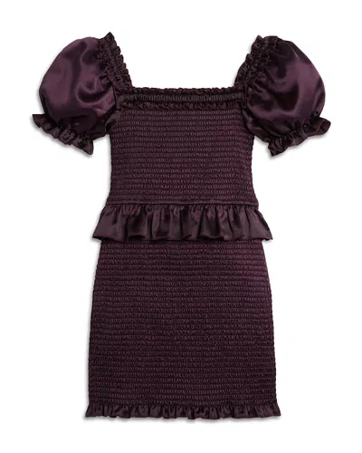 Katiejnyc Girls' Rayne Puff Sleeve Smocked Dress - Big Kid In Midnight Plum Satin