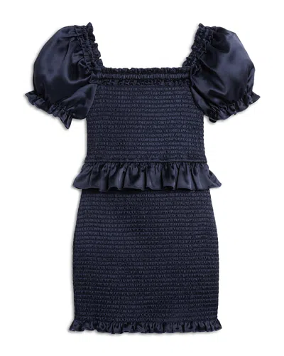 Katiejnyc Girls' Rayne Puff Sleeve Smocked Dress - Big Kid In Navy Satin