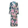 Katro Women's Green / Blue Matador Pink Peonies Cotton Robe In Green/blue