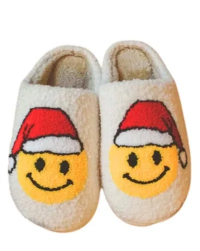 Katydid Unisex Santa Christmas Happy Face Slippers In White In Multi