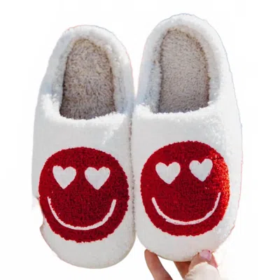 Katydid Women's Happy Love Happy Face With Heart Eyes Sherpa Heart Slippers In White/red In Multi