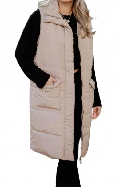 Katydid Women's Long Quilted Puffer Vests In Tan In Brown