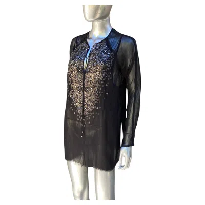 Pre-owned Kaufmanfranco Exquisitely Beaded Black Silk Chiffon Tunic Blouse Size 6/42