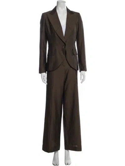 Pre-owned Kaufmanfranco Virgin Wool Whipstitch Trim Pantsuit In Brown