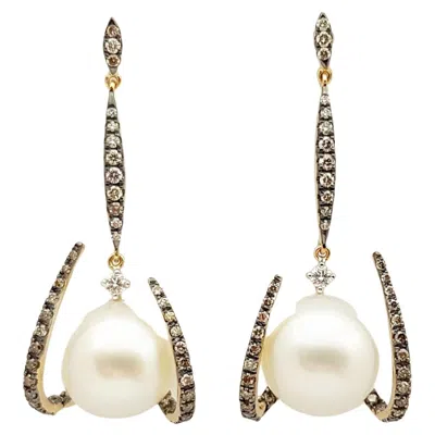 Pre-owned Kavant & Sharart Pearl With Brown Diamond And Diamond Earrings In 18k Gold By