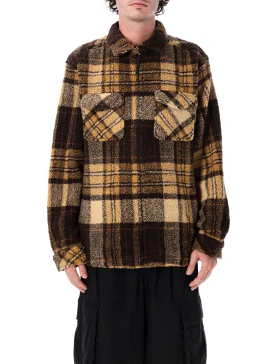 Kavu Plaid Fleece Half-zip Pullover Jacket In Brown