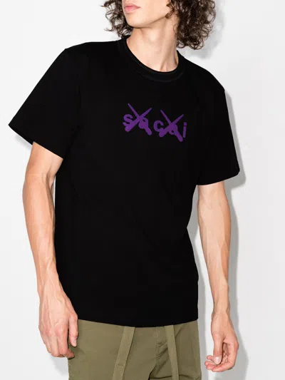 Pre-owned Kaws Aw21 Sacai X  Flocked Logo Print Tshirt Black 2