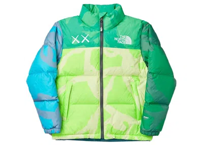 Pre-owned Kaws Men's  X The North Face Retro 1996 Nuptse Jacket In Safety Green Nuptse Print