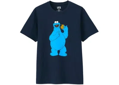 Pre-owned Kaws X Uniqlo X Sesame Street Cookie Monster Tee Shirt (japanese Sizing) In Navy Blue