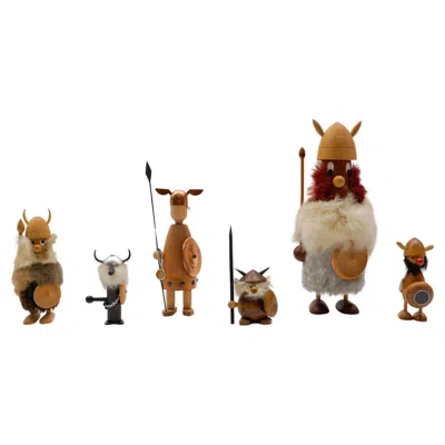 Pre-owned Kay Bojesen Lovely Set Of 6 Scandinavian Wooden Danish Vikings, 1950s In Brown