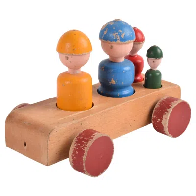 Pre-owned Kay Bojesen Original Danish  Toy Wagon "family Trip", Colorful Beech Wood, 1950s In Brown