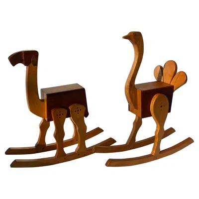 Pre-owned Kay Bojesen Ostrich And Camel Whimsical Rocking Chairs In Brown