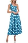 Kay Unger 5512442 Pleated Polka Dot A Line Cocktail Tea Length Dress In Blue