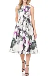 Kay Unger 5514276 A Line Floral Print Cocktail Midi Dress In White