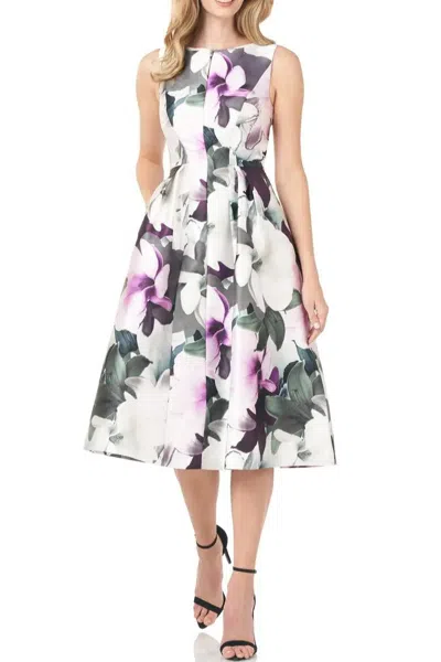 Kay Unger 5514276 A Line Floral Print Cocktail Midi Dress In White