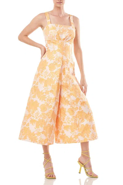 Kay Unger Sleeveless Square Neck Empire Waist Floral Two-tone Jacquard Jumpsuit In Mango In Orange