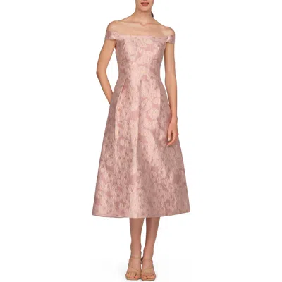 Kay Unger Alina Metallic Floral Jacquard Off The Shoulder Midi Cocktail Dress In Pink
