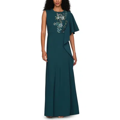Kay Unger Alisha Embroidered Floral Detail Asymmetric Sleeve Gown In Deep Teal