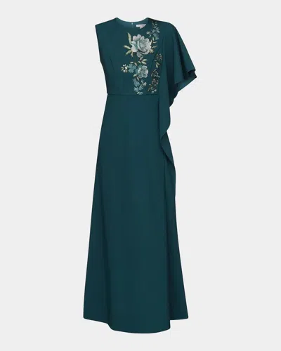 Kay Unger Alisha Floral-embroidered Caftan Gown In Deep Teal