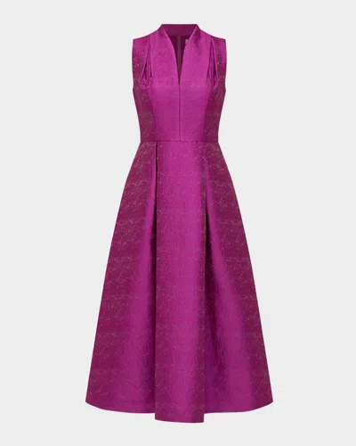 Kay Unger Allegra V-neck Pleated Jacquard A-line Dress In Pink