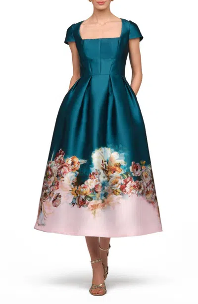 Kay Unger Amaya Matte Satin Midi Dress In Blue