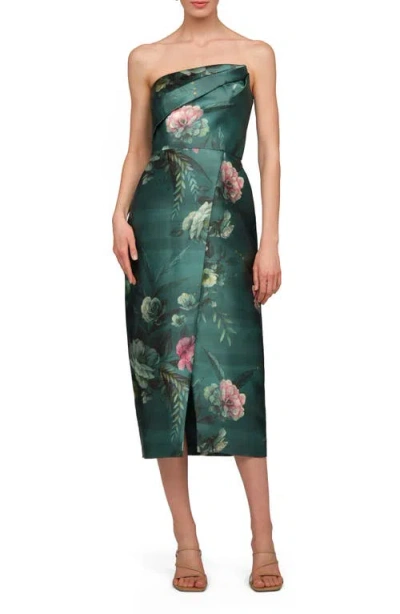 Kay Unger Amelie Floral Strapless Mikado Sheath Cocktail Dress In Green