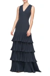 Kay Unger Angelique Pleated Tiered Sleeveless Gown In French Navy