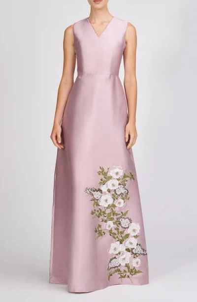 Kay Unger Aurelia Floral Sleeveless Taffeta Gown In Wood Rose
