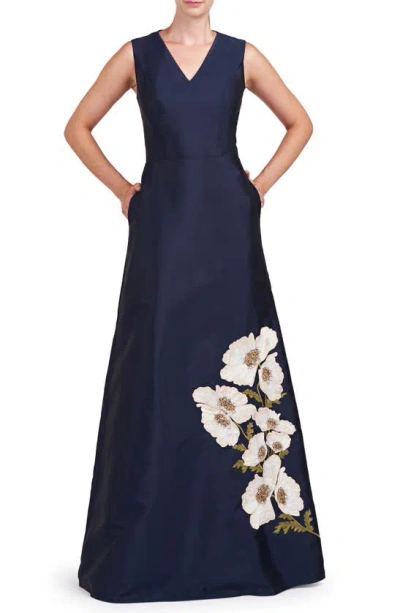 Kay Unger Aurelia Sleeveless A-line Gown In Dark Navy