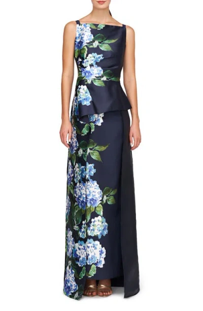 Kay Unger Barbara Floral Gown In Midnight Blue