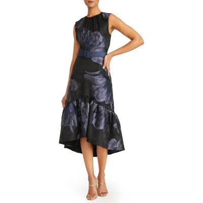 Kay Unger Beatrix Belted Floral High-low Cocktail Dress In Black/dark Midnight