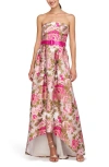 KAY UNGER KAY UNGER BELLA FLORAL JACQUARD METALLIC BELTED HIGH-LOW GOWN