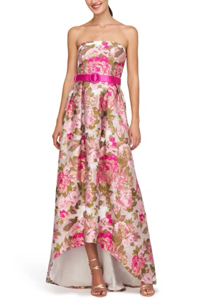 Kay Unger Bella Floral Jacquard Metallic Belted High-low Gown In Wild Raspberry