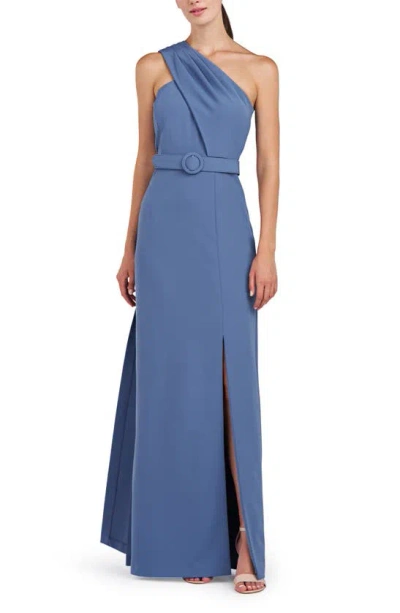 Kay Unger Bowie One-shoulder Belted Gown In Mediterranean Blue