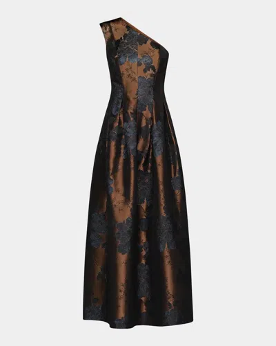 Kay Unger Brynlee Floral Jacquard One-shoulder Gown In Multi