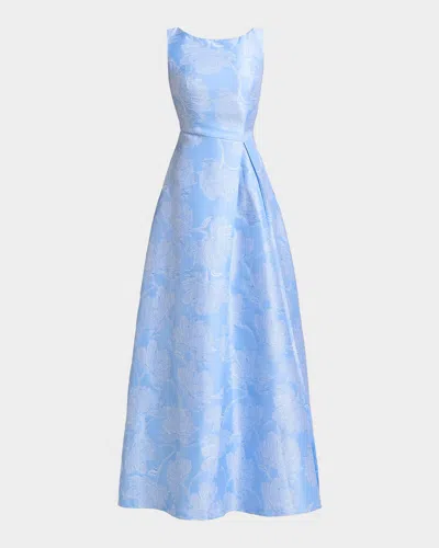 Kay Unger Caitlin Pleated Floral Jacquard Gown In Blue