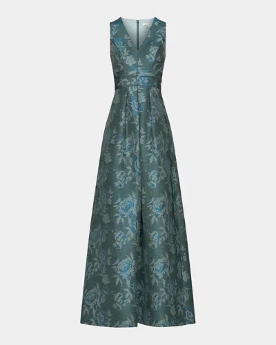 Kay Unger Cameron Floral A-line Gown In Blue