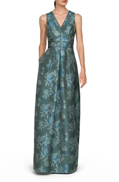 Kay Unger Cameron Floral Jacquard Sleeveless Gown In Blue