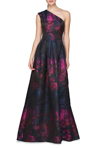 Kay Unger Cara One-shoulder Gown In Dark Ink/cerise