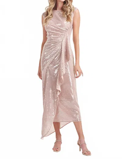 Kay Unger Carla Shirred Sequin With Drape Dress In Nude Pink