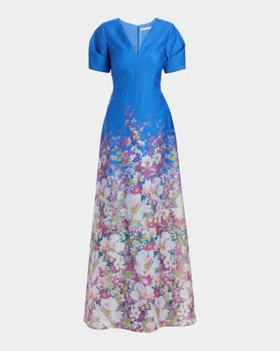 Kay Unger Carlotta Floral Organza Gown In Blue