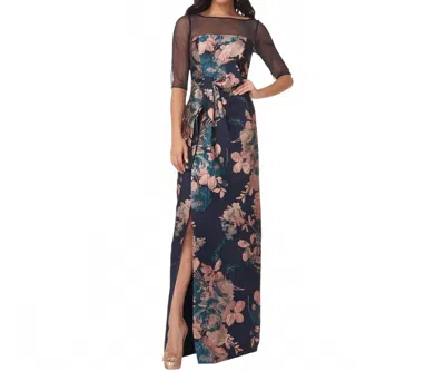 Kay Unger Catrina 3d Bow Floral Jacquard Gown In Classic Navy/apricot In Blue