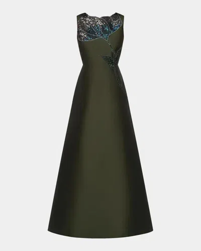 Kay Unger Charlene Beaded Taffeta A-line Gown In Green