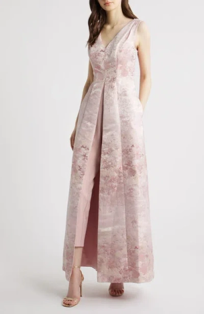 Kay Unger Clark Floral Jacquard Walk Through Jumpsuit In Neutral