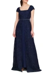 KAY UNGER KAY UNGER CLAUDIA BELTED PLEATED LACE GOWN