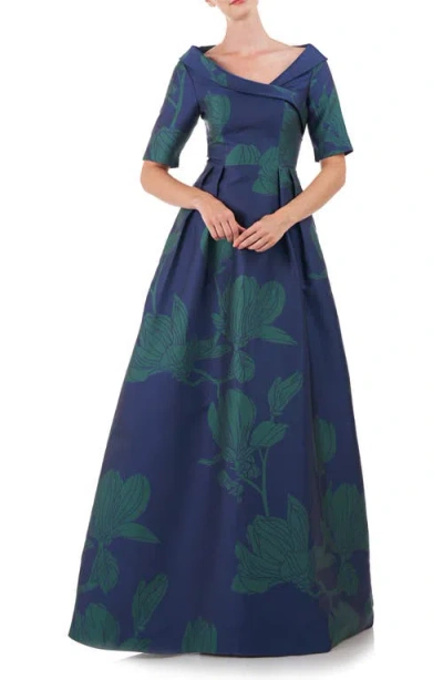 Kay Unger Coco Floral Print Gown In Marine Blue/jade